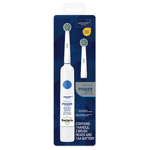 Equate Infinity Power battery toothbrush in white with two replaceable round brush heads shown in retail blister pack