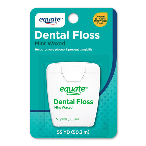 Equate mint-waxed dental floss in white plastic compact displayed on teal-green blister card packaging with product name visible.