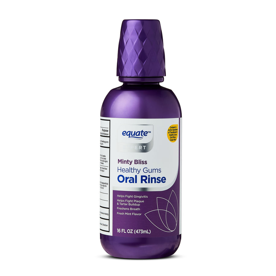 Purple Equate Minty Bliss Healthy Gums oral rinse bottle front label, 16 fl oz, white product panel.
