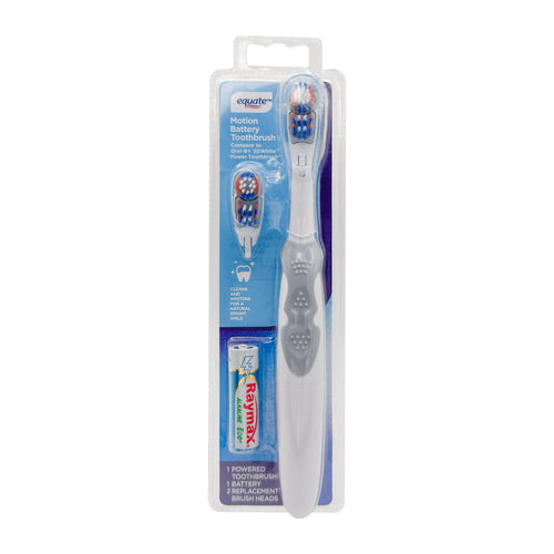 Equate motion battery toothbrush in clear retail blister pack with two replacement brush heads and a visible AA battery