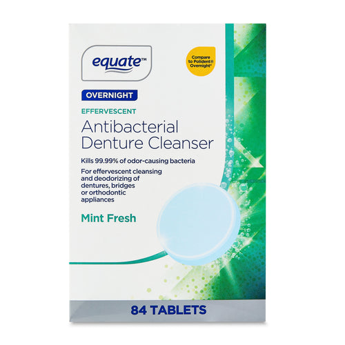 Front-facing box of Equate Overnight Effervescent Antibacterial Denture Cleanser in mint fresh packaging with tablet graphic