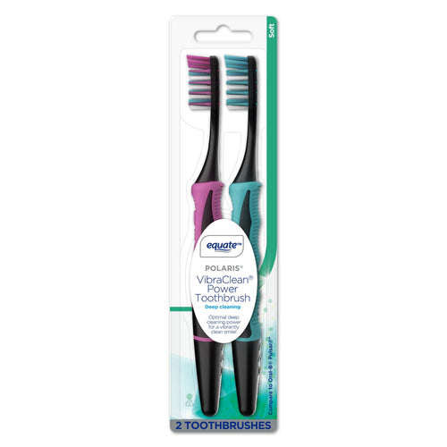 Blister pack with two Equate Polaris VibraClean toothbrushes, teal and pink grip handles visible