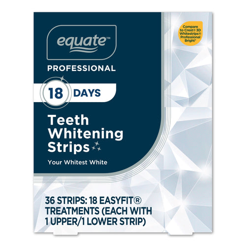 Equate Professional 18 Days Teeth Whitening Strips front pack design with blue panel and product claims