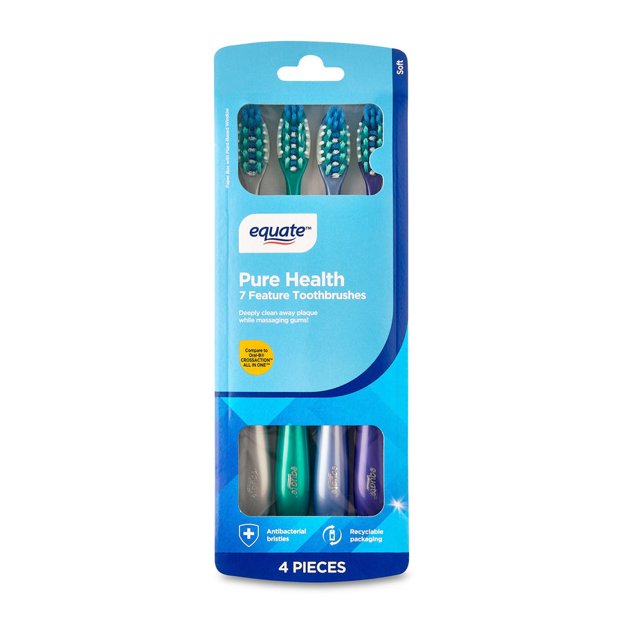 Equate Pure Health toothbrushes in blue retail blister pack showing four toothbrush handles and brand packaging graphics