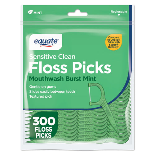 Equate branded resealable green pouch of Sensitive Clean Floss Picks with mint flavor and visible 300 count label