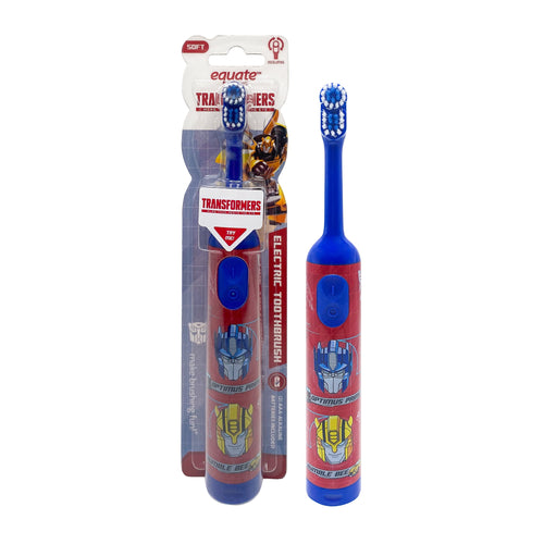 Equate Transformers kids electric toothbrush in red and blue with Optimus and Bumblebee graphics, shown in blister packaging and loose