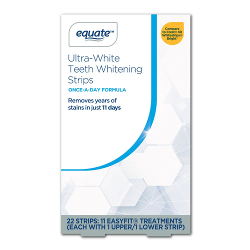 Front of Equate Ultra-White Teeth Whitening Strips box with branding and product claims on white background.