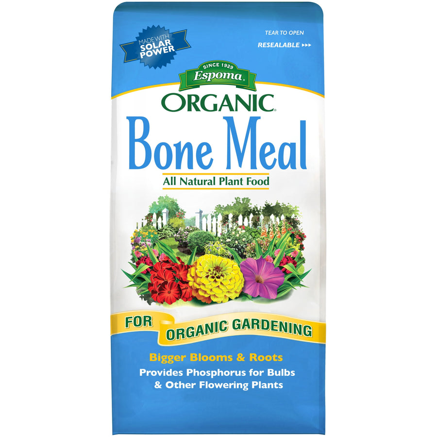Front of Espoma Organic Bone Meal bag featuring colorful flowers, garden scene and product name