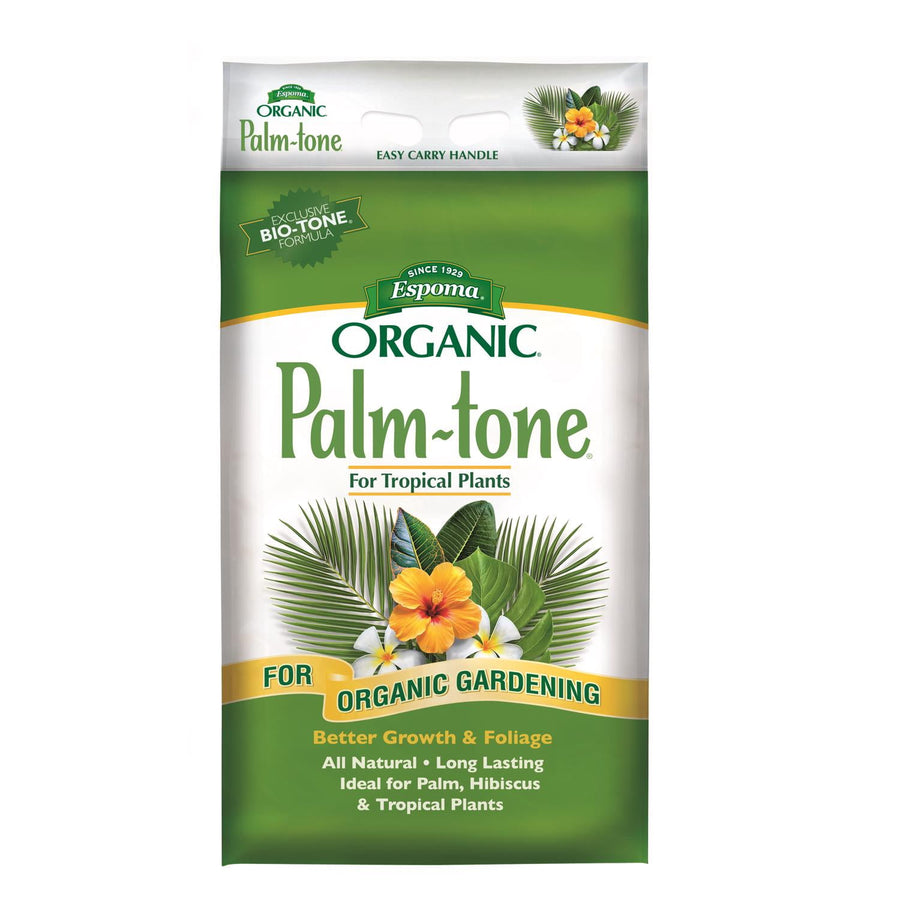 Espoma Organic Palm-tone bag for tropical plants, green and white packaging with hibiscus and palm leaf graphics