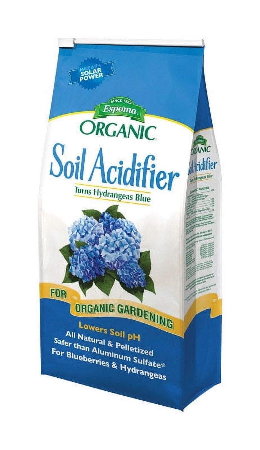 Espoma Organic Soil Acidifier paper bag with blue hydrangea image and product name on white and blue packaging