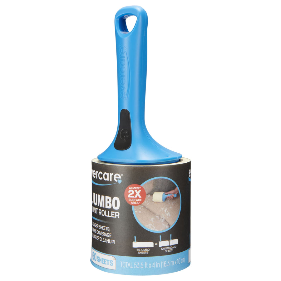 Close-up of a blue Evercare jumbo lint roller with packaging label visible on the roll