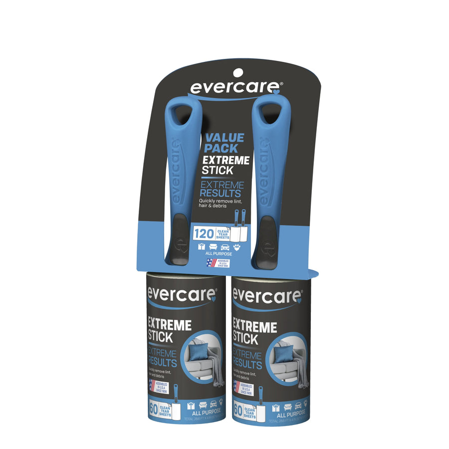 evercare extreme stick lint roller twin pack with two blue-handled rollers, packaging showing 120 total sheets and 60 sheets per roll