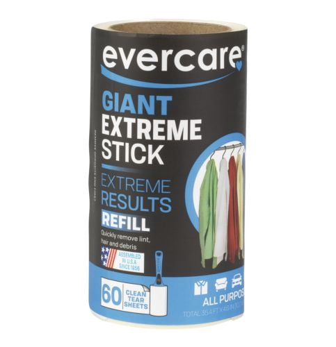 Evercare Giant Extreme Stick lint roller refill roll with black and blue branded label showing hanging clothes graphic.