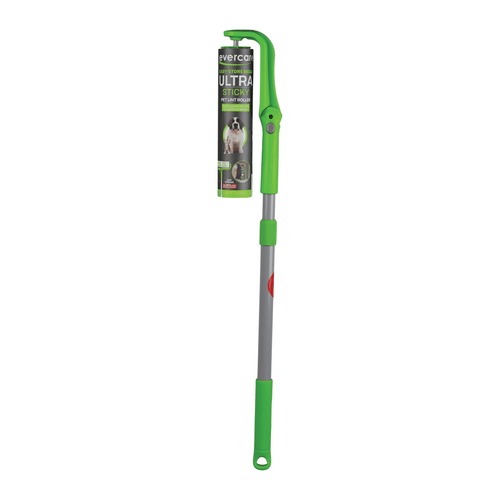 Evercare green extendable lint roller with long handle and packaged mega refill attached on white background