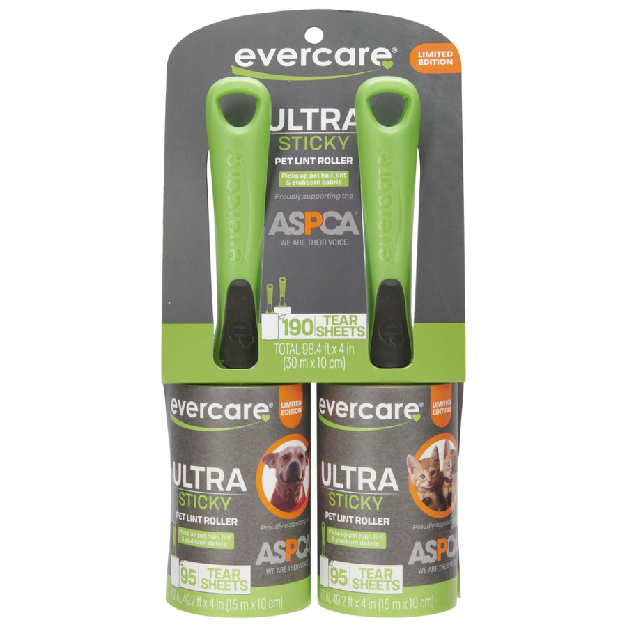 Evercare branded twin pack display of two green-handled lint rollers with refill rolls and packaging showing ASPCA logo.
