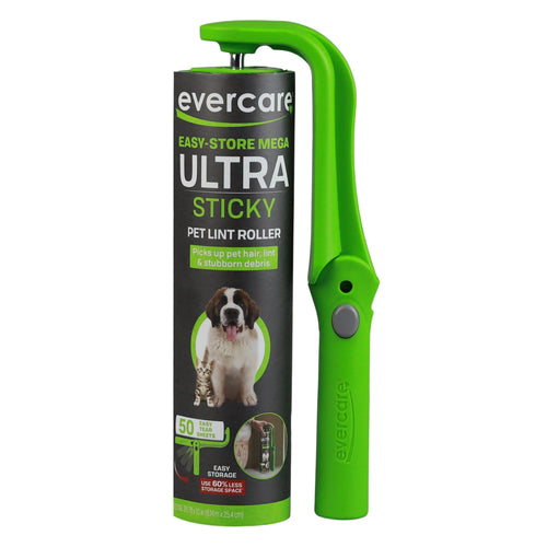 Evercare green handheld lint roller standing next to its black and green labeled refill roll packaging