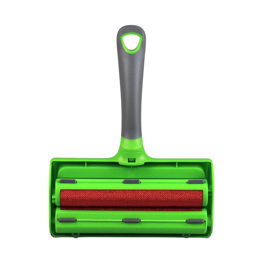 Green Evercare pet hair remover showing exposed red fabric roller and gray handle, front-facing product shot