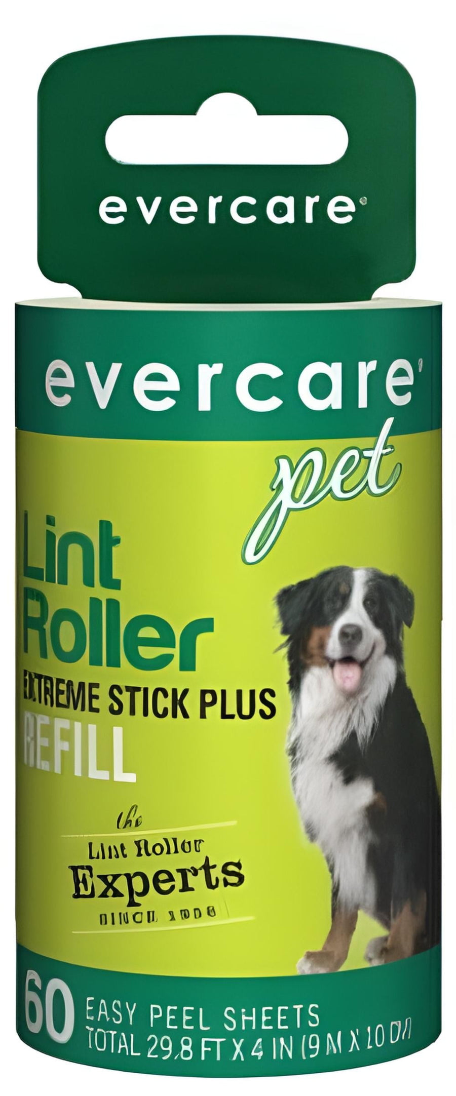 Close-up of Evercare Pet branded lint roller refill packaging with dog image and green header