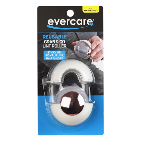 Retail blister pack showing Evercare reusable gel lint roller ball with branded card and product visible
