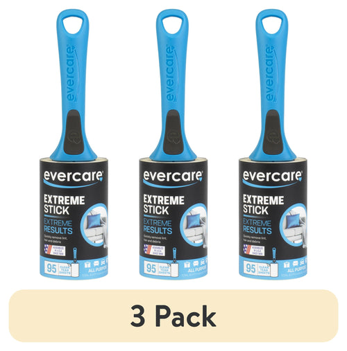 Three blue-handled Evercare lint rollers with black labels displayed side-by-side on white background with '3 Pack' text below.