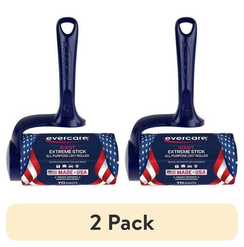 Two Evercare navy T-handle lint rollers with patriotic blue-and-red wrapped refill sleeves, shown side-by-side