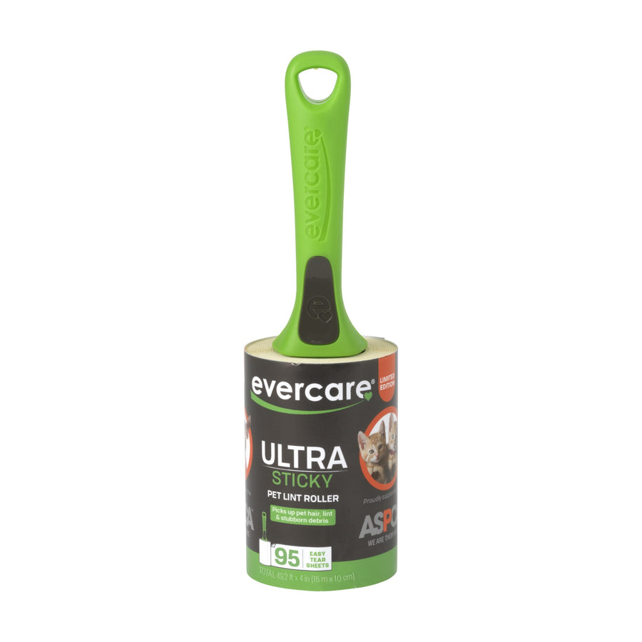 Evercare green-handled lint roller with branded Ultra Sticky packaging on white background