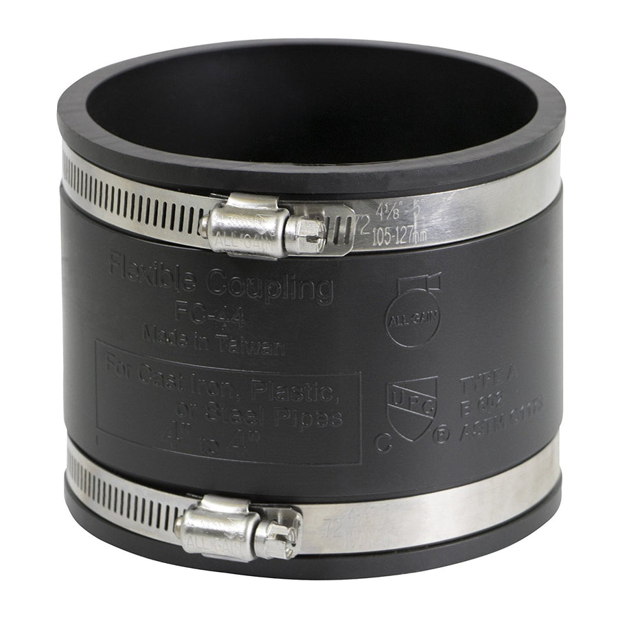 Everflow-style 4 in. black PVC flexible coupling with two stainless steel clamp bands