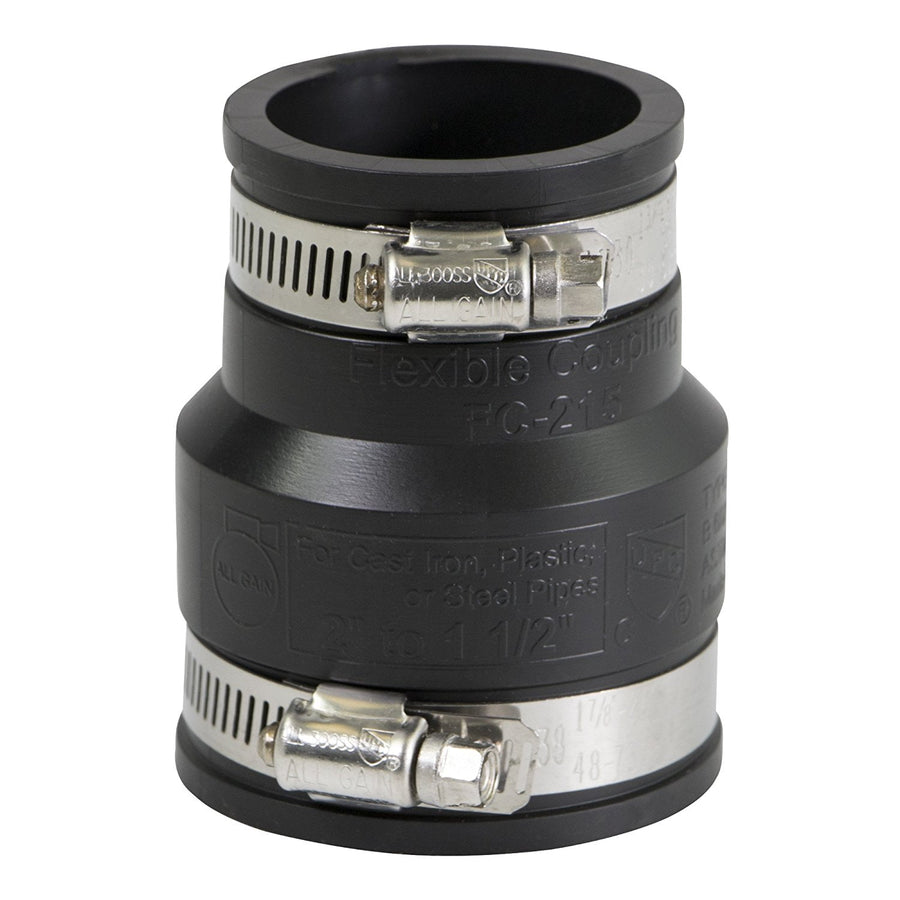 Everflow black flexible reducing coupling with two stainless steel worm-drive clamps, angled view