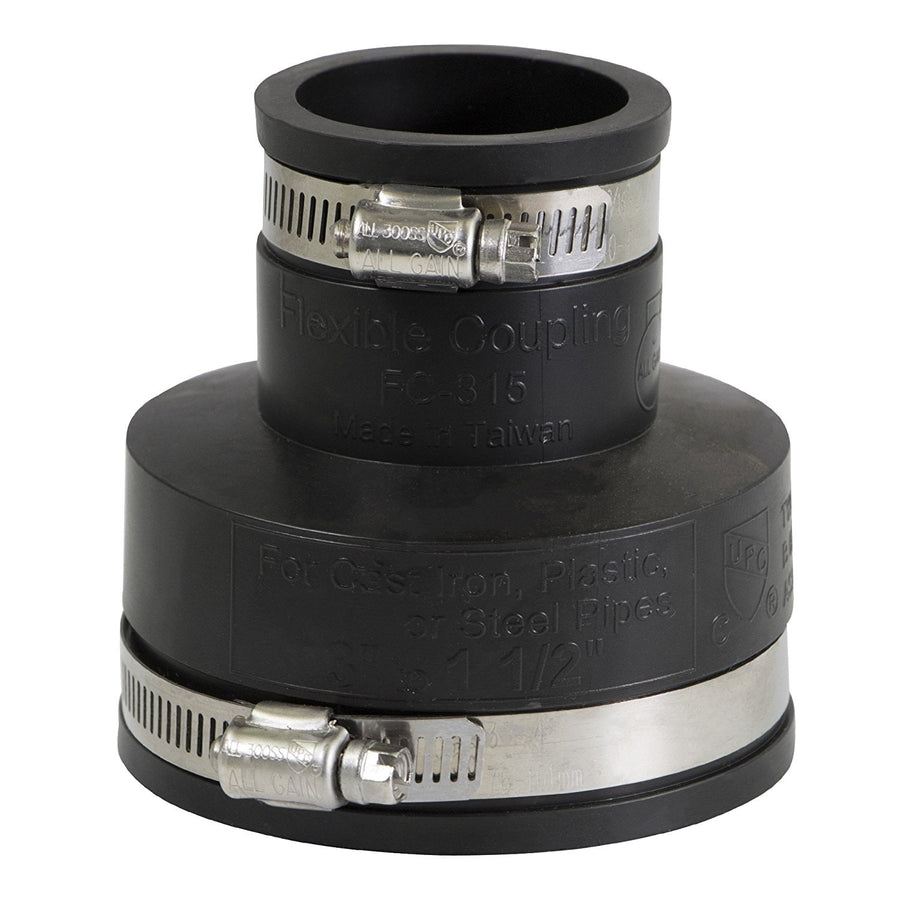 Black flexible reducing coupling with two stainless steel worm-drive clamps, close-up angled view