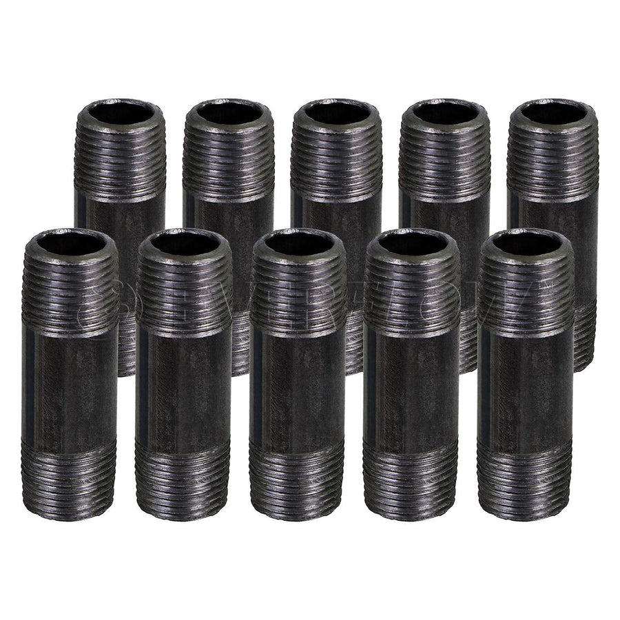 Ten black threaded steel pipe nipples arranged in two staggered rows on white background, Everflow finish visible