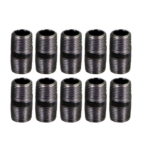Ten black threaded steel pipe nipples arranged in two rows on a white background