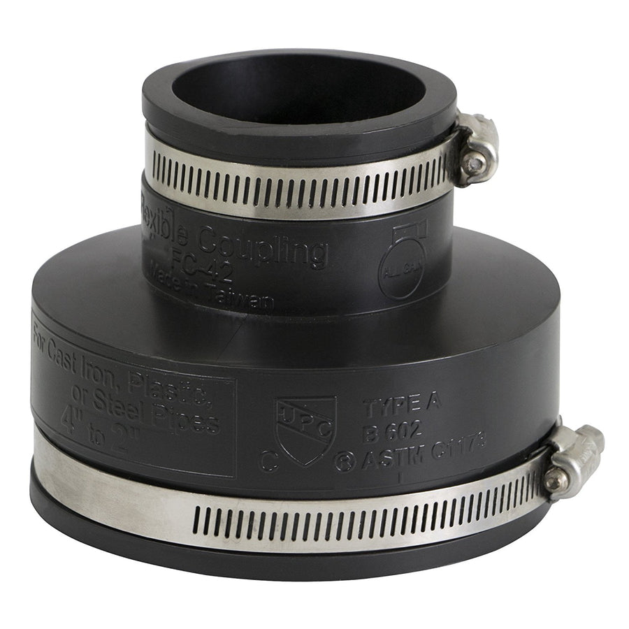 Everflow black flexible PVC reducing coupling with two stainless steel worm‑drive clamps, angled studio view