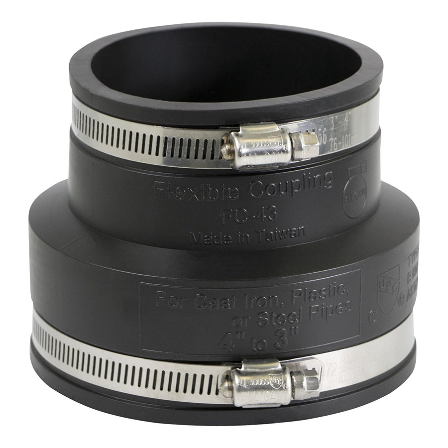 Black flexible PVC reducing coupling with stainless steel hose clamps, angled view