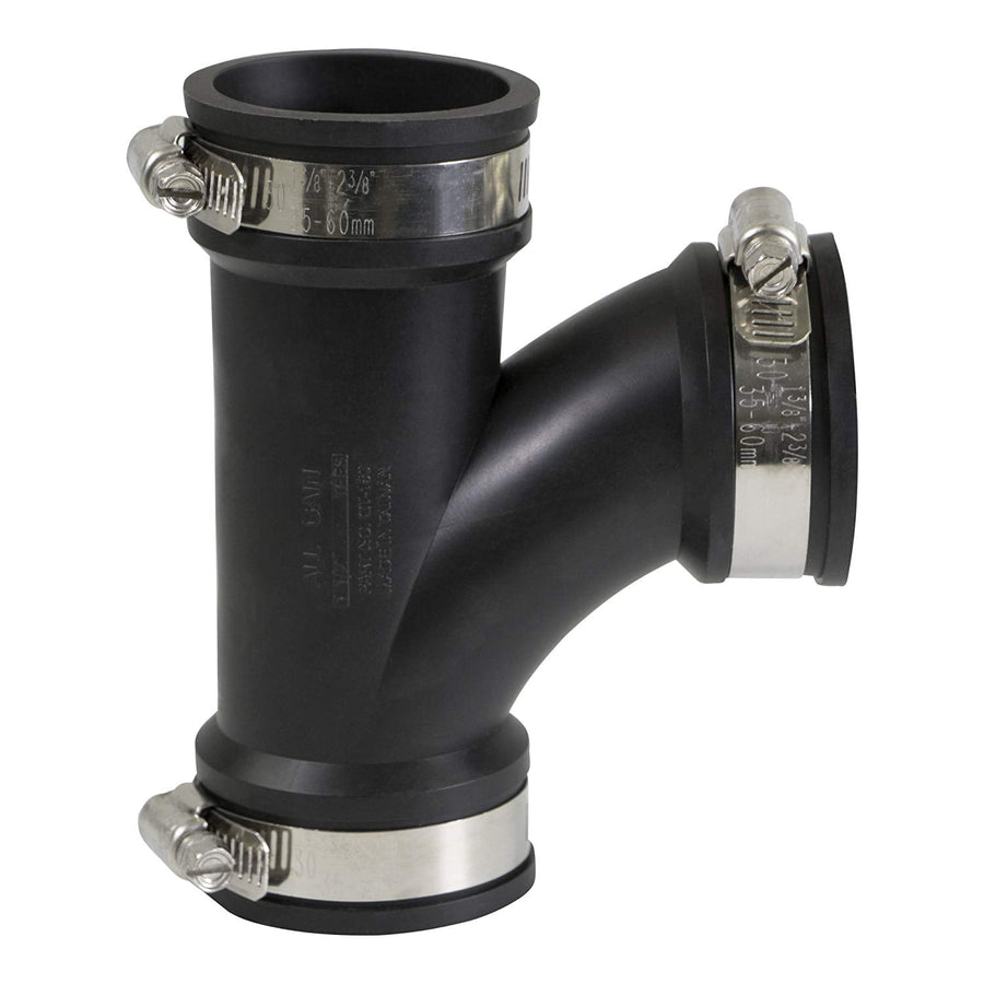 Black flexible PVC tee coupling (Y-shaped) fitted with three stainless steel adjustable hose clamps on each end