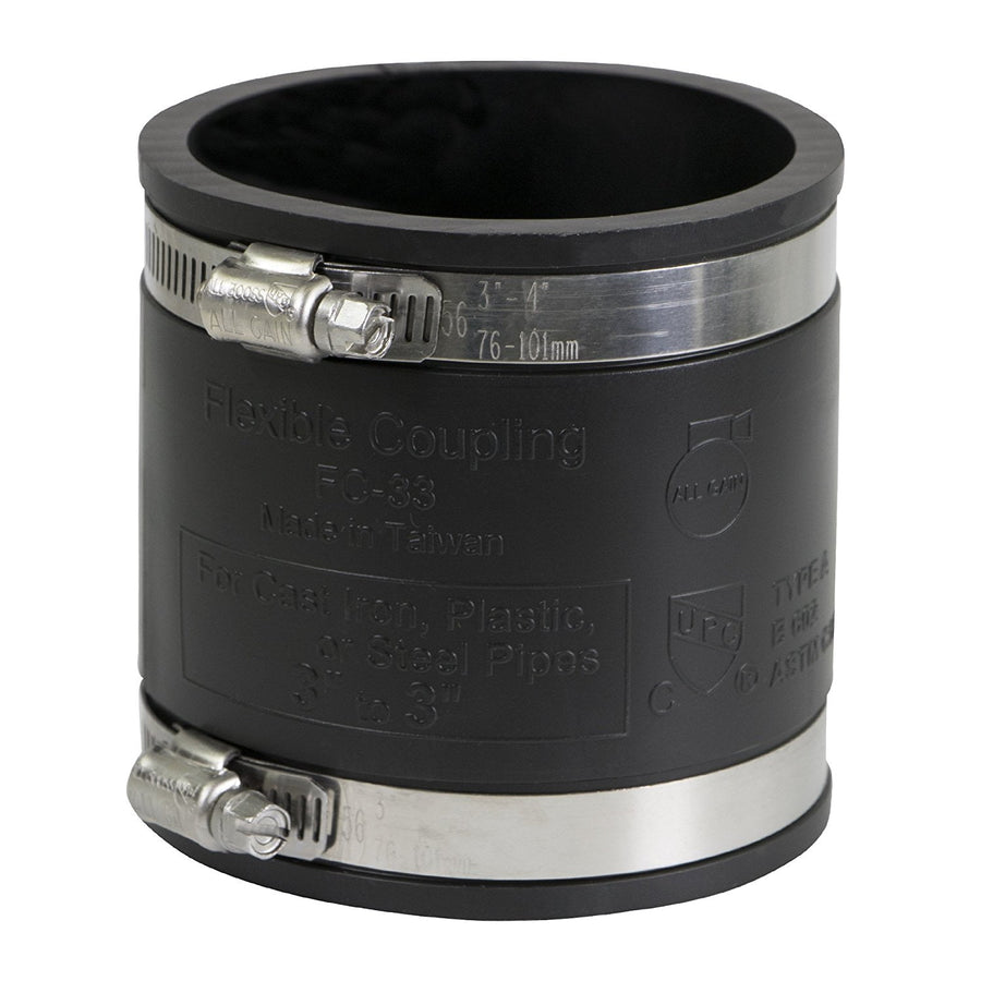 Black PVC flexible coupling with visible stainless steel clamp hardware and embossed text