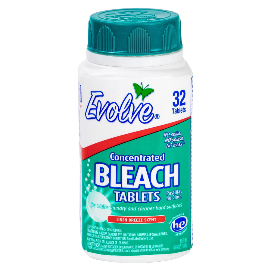 Single Evolve concentrated bleach tablets bottle with teal-green cap and bright turquoise label reading 'BLEACH TABLETS' and '32 Tablets'.