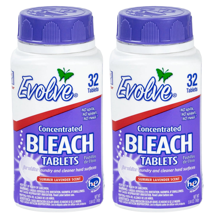 Two Evolve concentrated bleach tablets bottles with purple caps, summer lavender labels side by side.