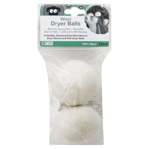 Clear plastic pouch with two white wool dryer balls and an EVRI branded header card