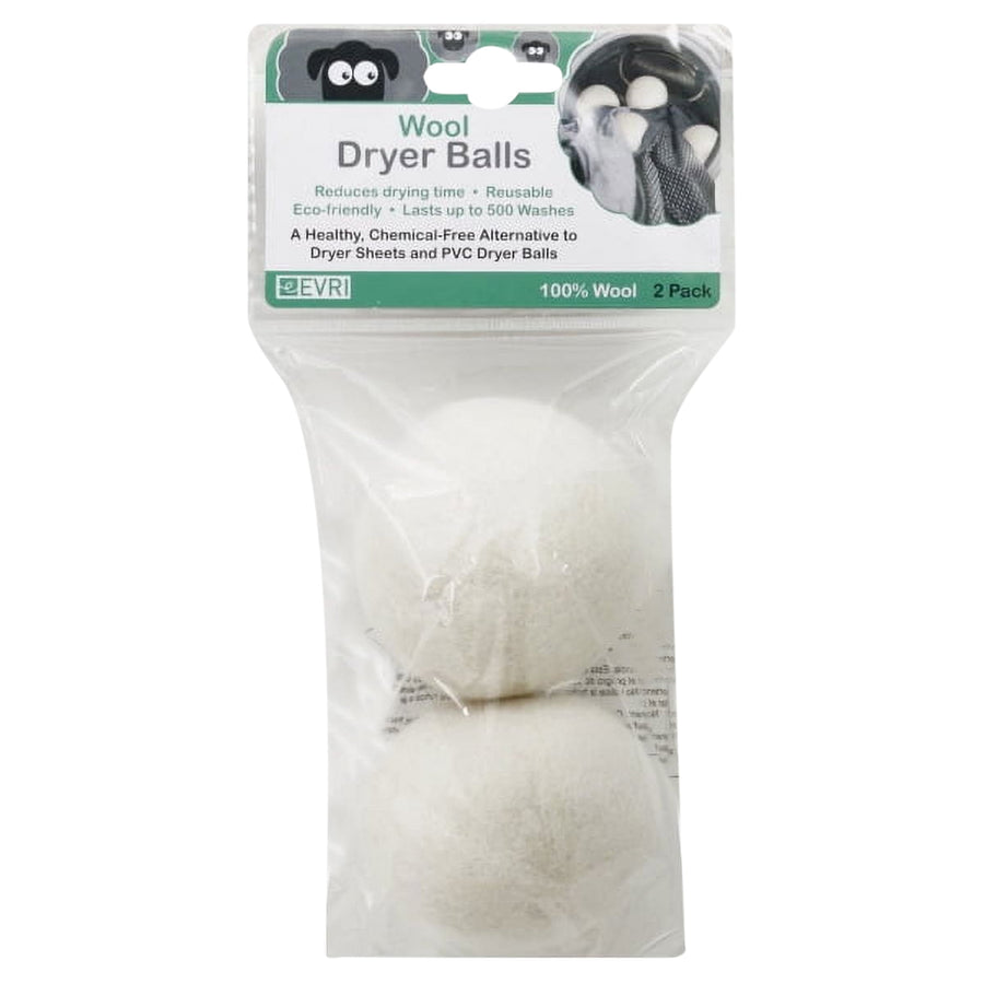 Clear plastic pouch with two white wool dryer balls and an EVRI branded header card