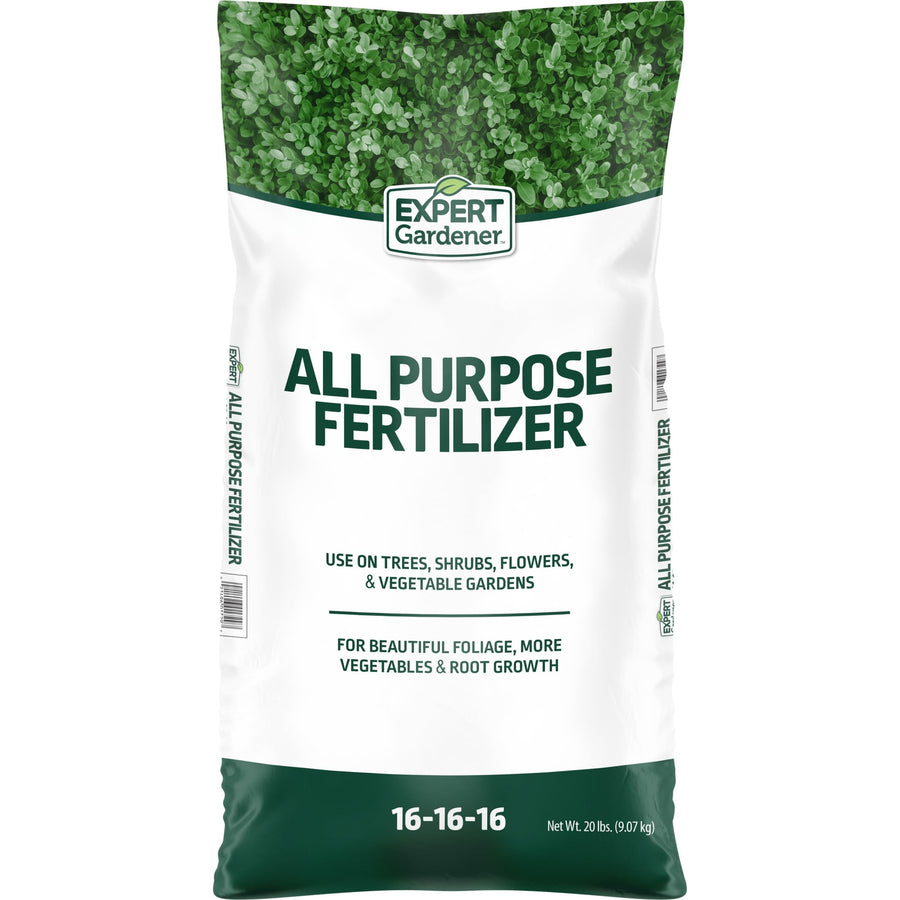 White and green Expert Gardener all-purpose fertilizer bag with 16-16-16 displayed and foliage pattern at the top.
