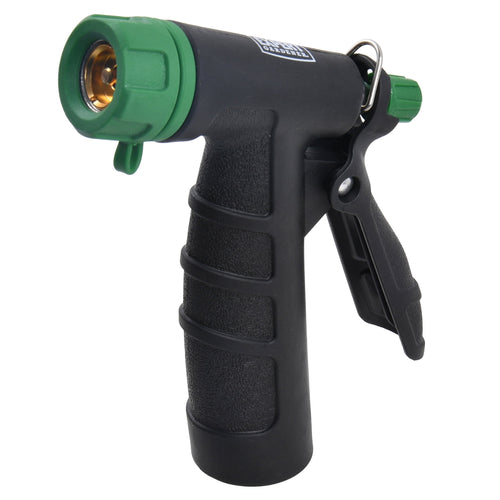 Black and green Expert Gardener rear-trigger hose nozzle shown upright on white background, close-up of grip and front tip.