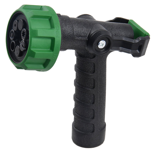 Black pistol-grip garden hose nozzle with green rotating spray head and textured handle