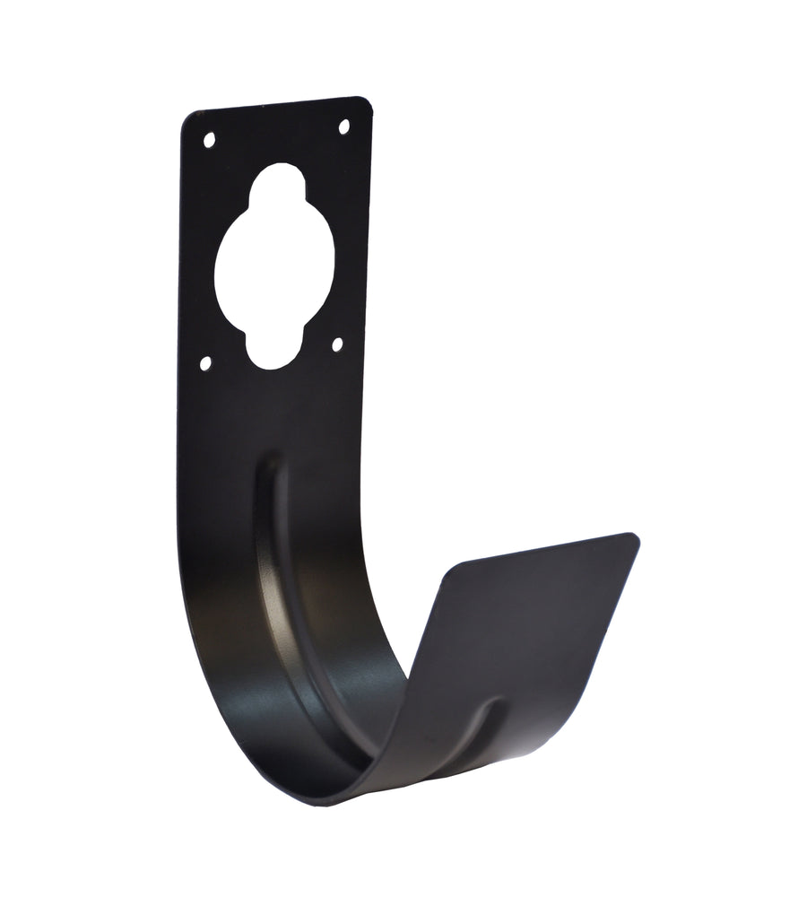 Black powder‑coated metal spigot hose hanger shown on white background, curved J‑shaped hook and mounting plate visible.