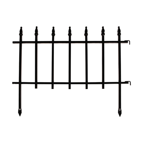 Single black powder-coated steel garden border panel with decorative finials on white background