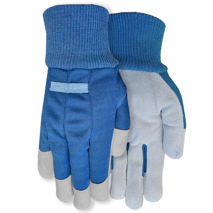 Pair of Expert Gardener blue leather gardening gloves with navy canvas back and knit cuffs, laid overlapping