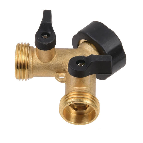 Brass Y-shaped garden hose connector with two black shut-off levers and threaded ends