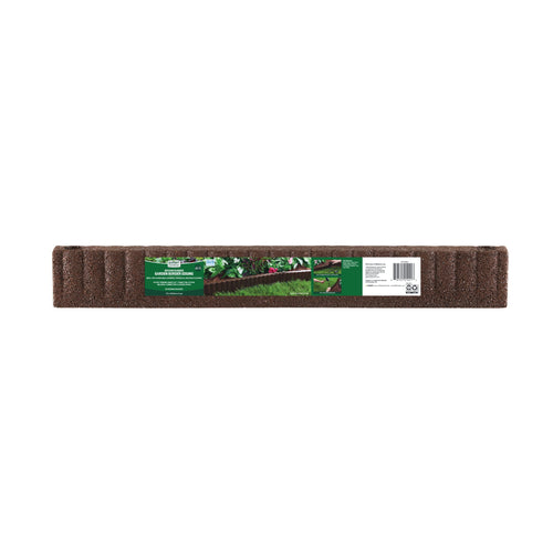 Long brown recycled rubber garden border section with central product label and barcode on white background.
