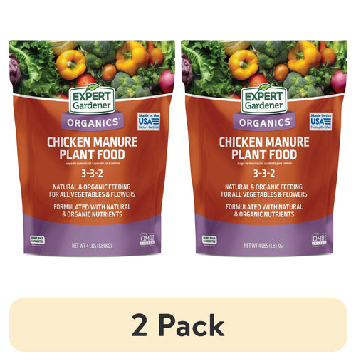Two standing pouches of Expert Gardener Organics chicken manure plant food shown side by side with a 2 Pack label beneath