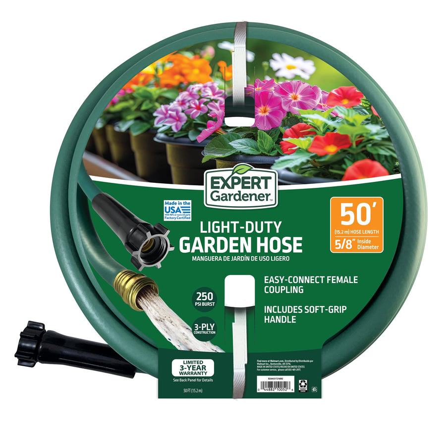 Coiled green Expert Gardener light-duty garden hose with branded circular packaging showing flowers and product details