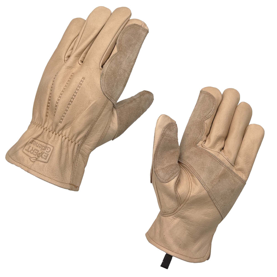 Pair of tan Expert Gardener full-grain cowhide leather gardening gloves shown against a white background.